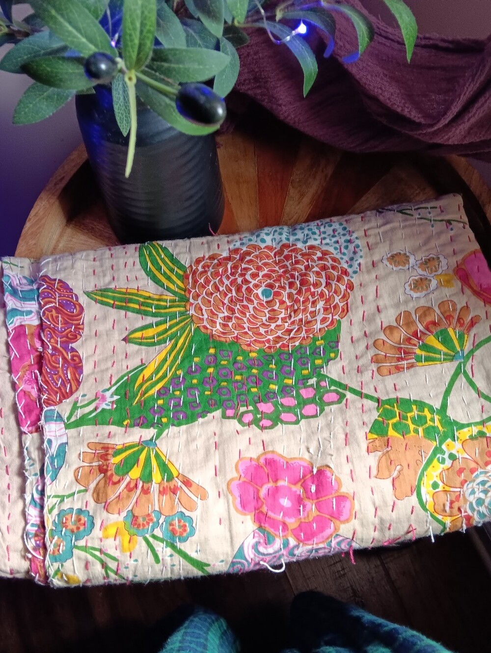 Floral Patchwork Cotton Bedspread - Pink & Green